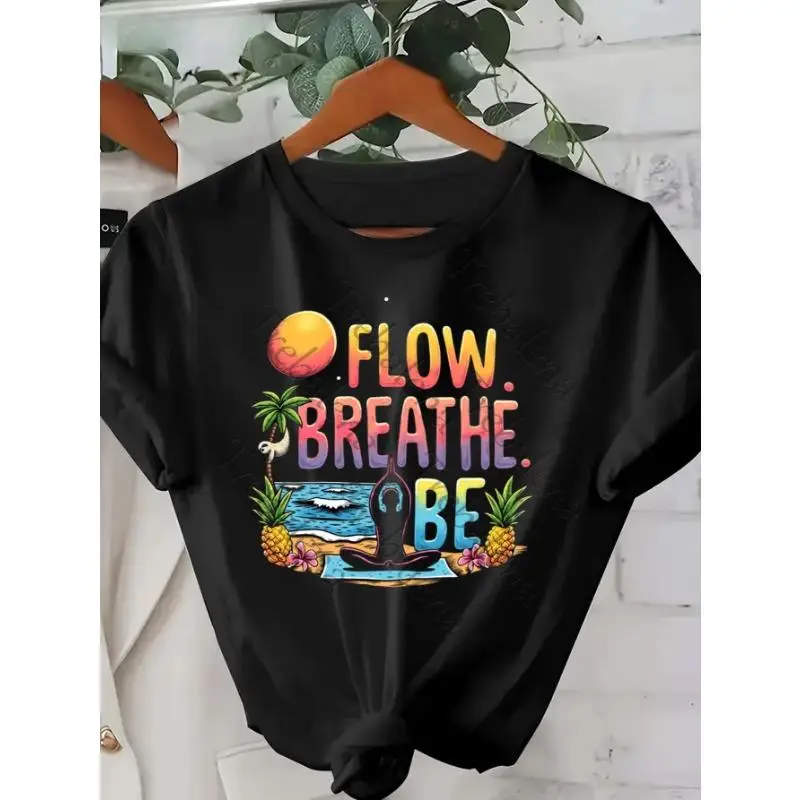 

Women'S Oversized Yoga T-Shirt - Sunset Beach Style Graphic Tee With Palm Tree & Sunset Design, Comfortable Round Neck Casual To