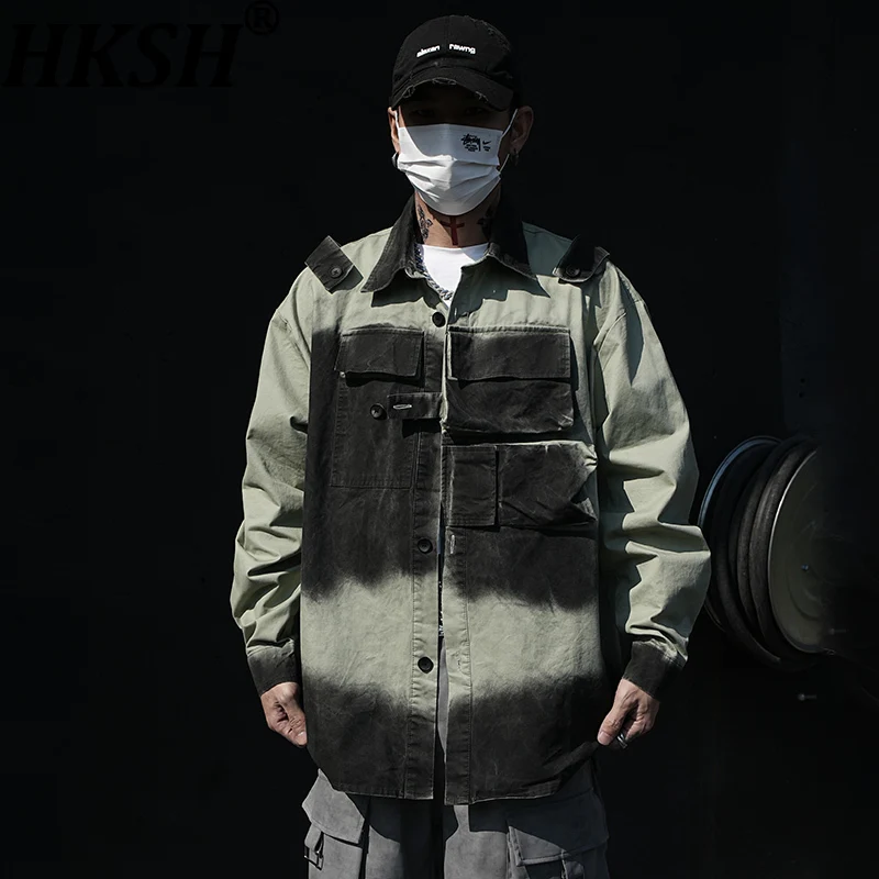 

HKSH Spring Autumn New Man Punk Trendy Washed Vintage Gradient Safari Style Jacket Fashion Punk Unisex Chic Ins Top Coats HK7979