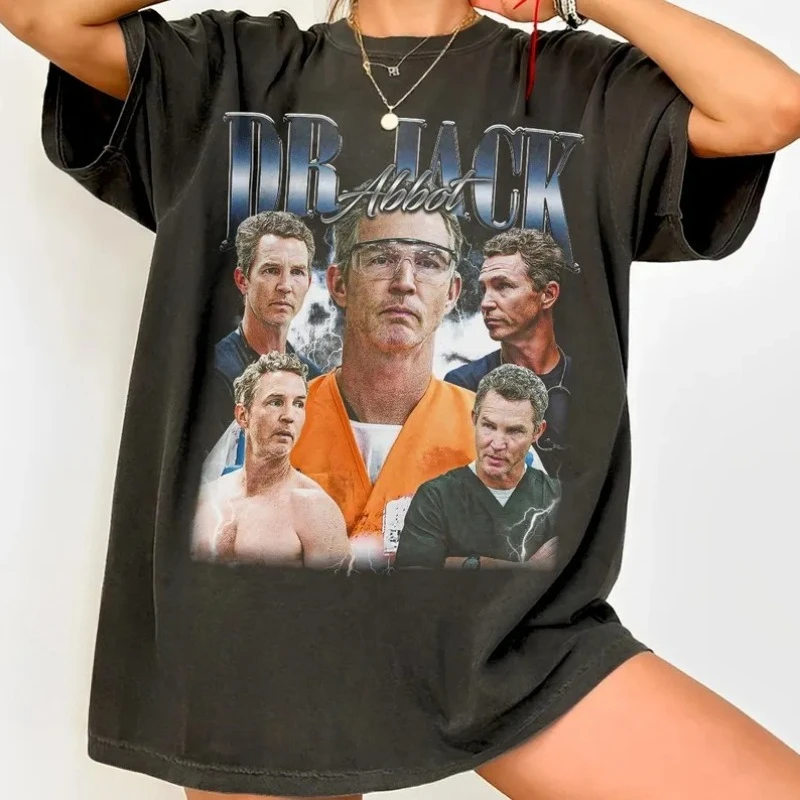 Dr. Jack Abbot Film Vintage Damen T-Shirt Herren Oversize Baumwoll-T-Shirt Lässiges Harajuku Sommer Lockeres Streetwear Y2K Top mit Charaktermotiv