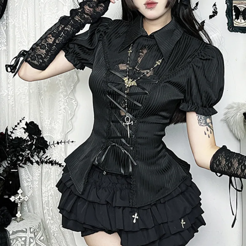 

Gothic Lace Hollow Out Punk Tops & Tees Subculture Sexy Fit Lace Patchwork Shirt Summer Girl Dark Versatile Top Tee Women New