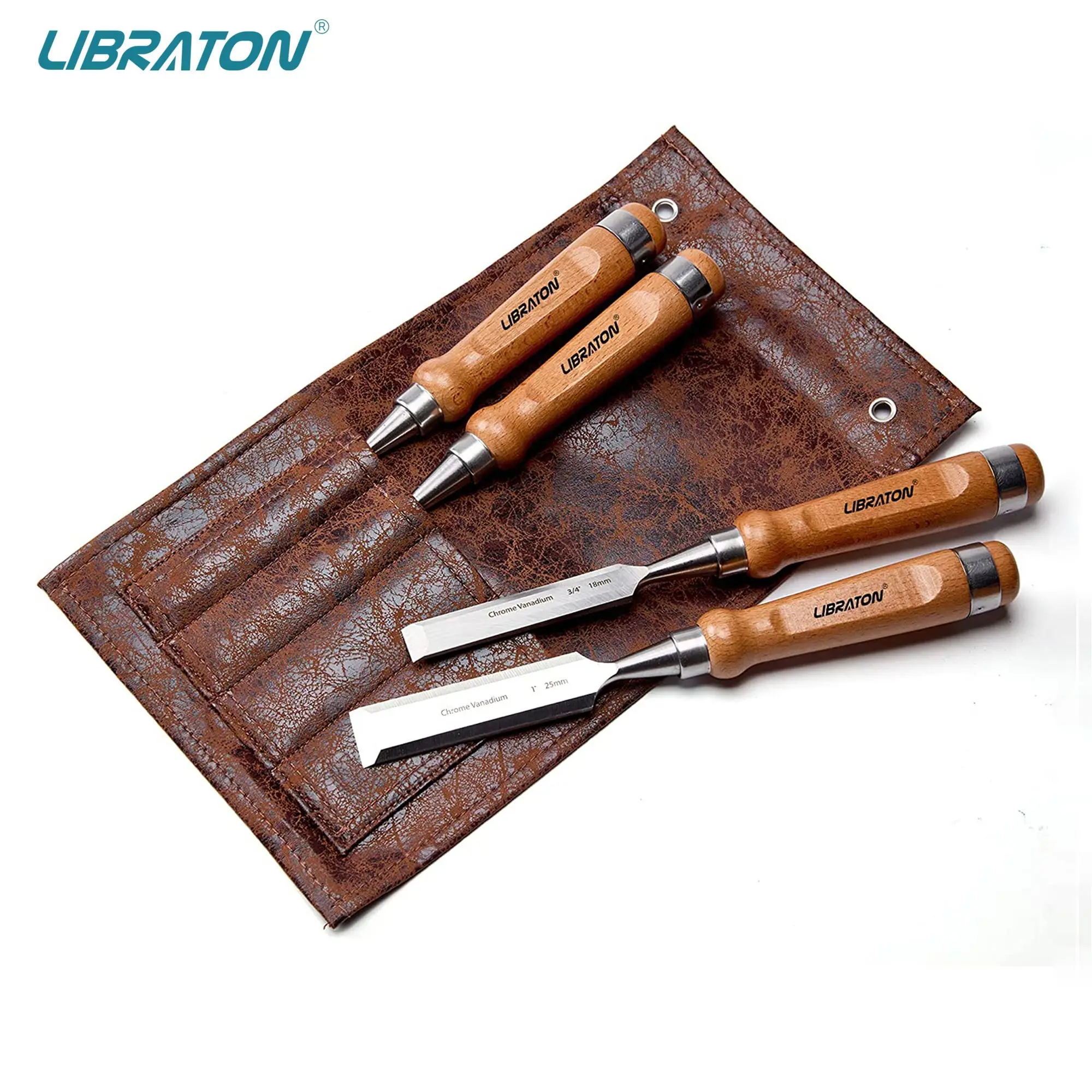 Libraton Woodworking Chisel Set, 4pcs Cr-V Wood Chisels Set, Professional Chisels with Leather Pouch for Carpenter