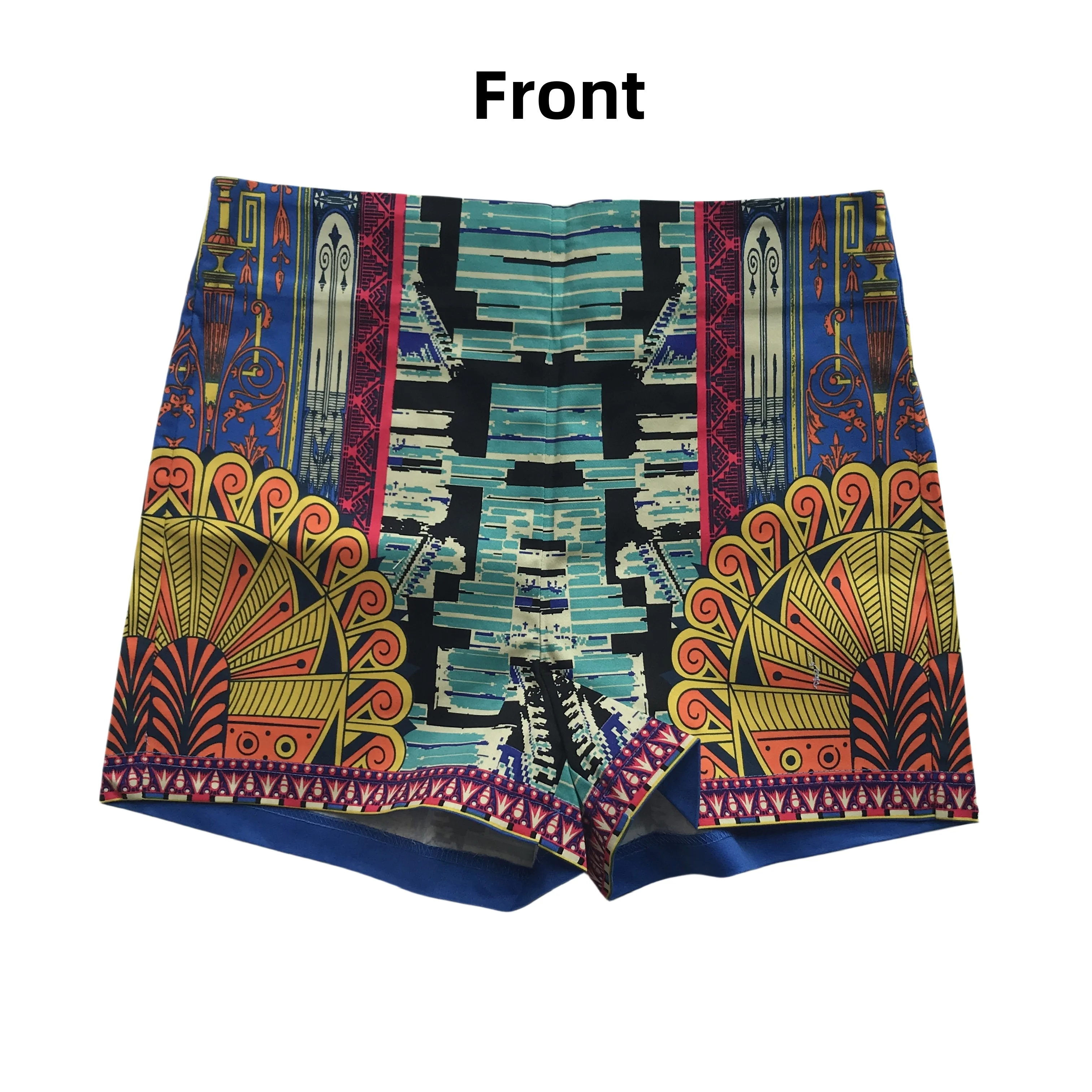 Women's Multi-colored Boho Print High-waisted Back Zip Close Stretch Hot Pants Park Shorts with A Bohemian Eclectic Aesthetic