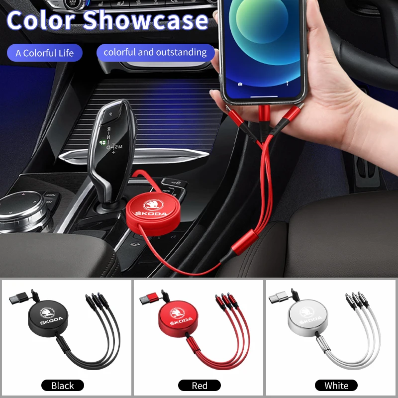 Car 3 In 1 USB Fast Charging Data Cable Type C Multi Port Charger Cable For Skoda Octavia Rapid Kodiaq Karoq Fabia Kamiq Superb