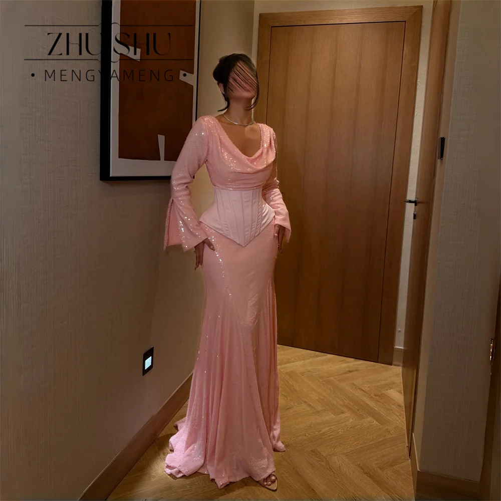 ZHUISHU Modern Pink Sequins Mermaid Evening Dress Women Long Sleeves Boat-Neck Pleat Formal Party Gowns Customized فساتين سهرة