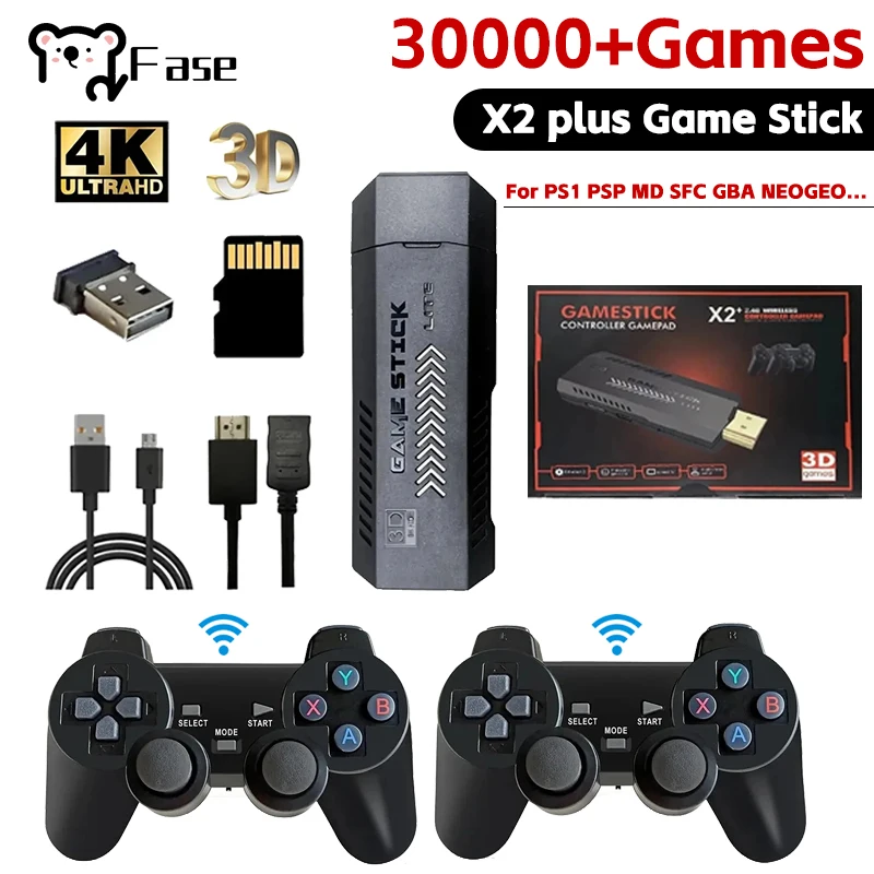 X2Plus Retro Video Game Console 4K HD 3D Gaming Stick Wireless Controller Built in 30+Simulators 64GB 30000+Games PS1/N64