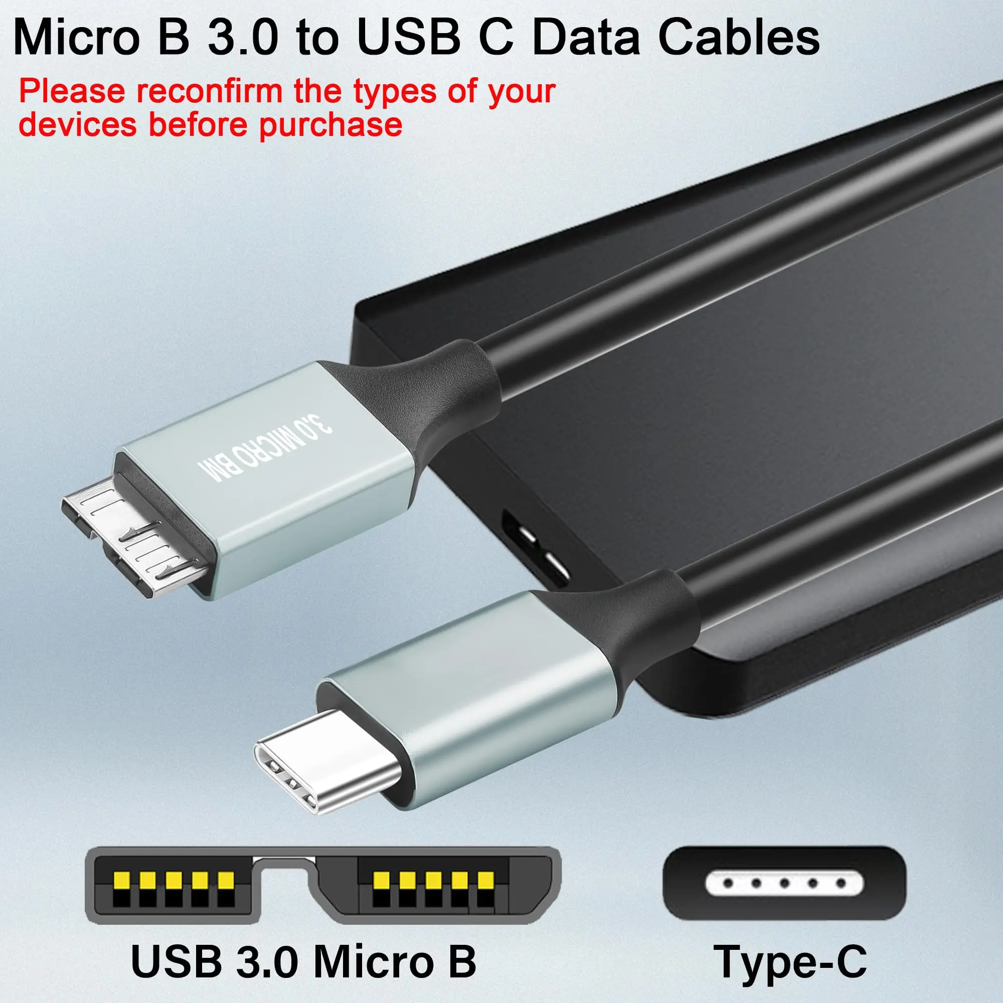 1M USB C to Micro B 3.0 Cable 5Gbps 3A Fast Data Sync Cord for Macbook Pro Hard Drive Disk HDD SSD Case Micro-B to USB C Cable