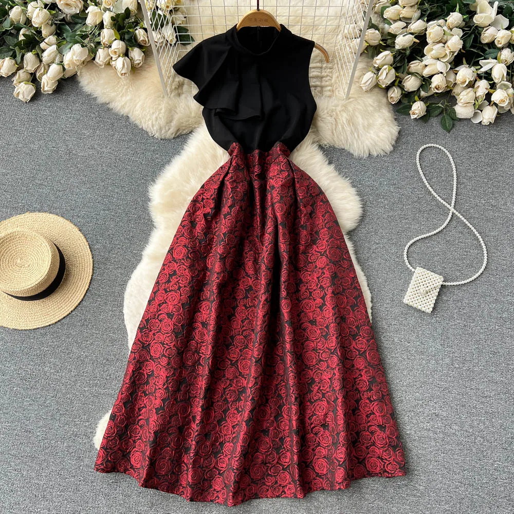 New Vintage Korean Temperament Robe Femme Summer Women Dress Stand Collar Sleeveless Slim Waist Vestidos Patchwork Printed Dress