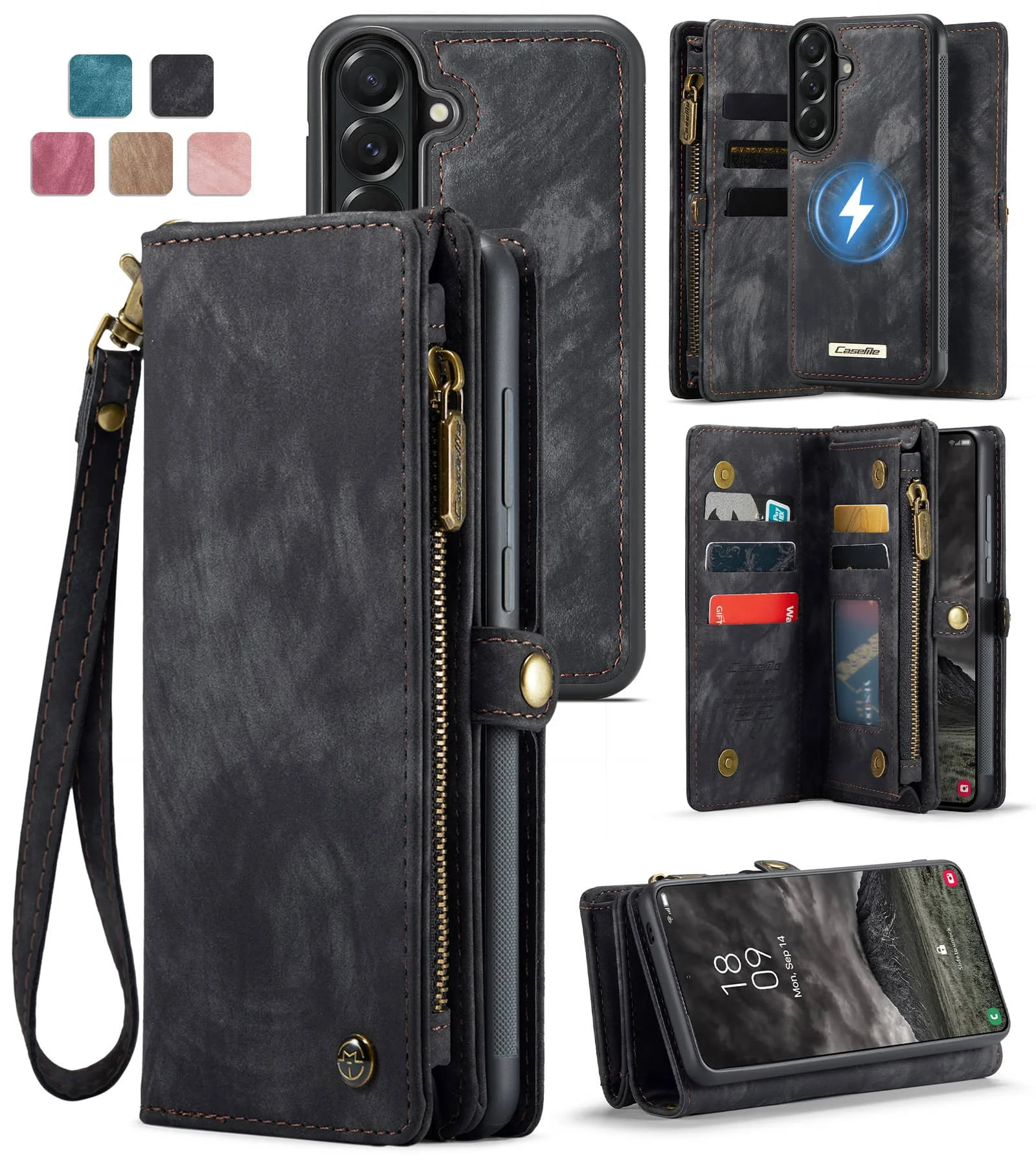 

For Samsung Galaxy A37 A57 Magnetic Wallet Case Compatible Magnetic RFID Blocking Zipper Card Holder Detachable Strap Shockproof