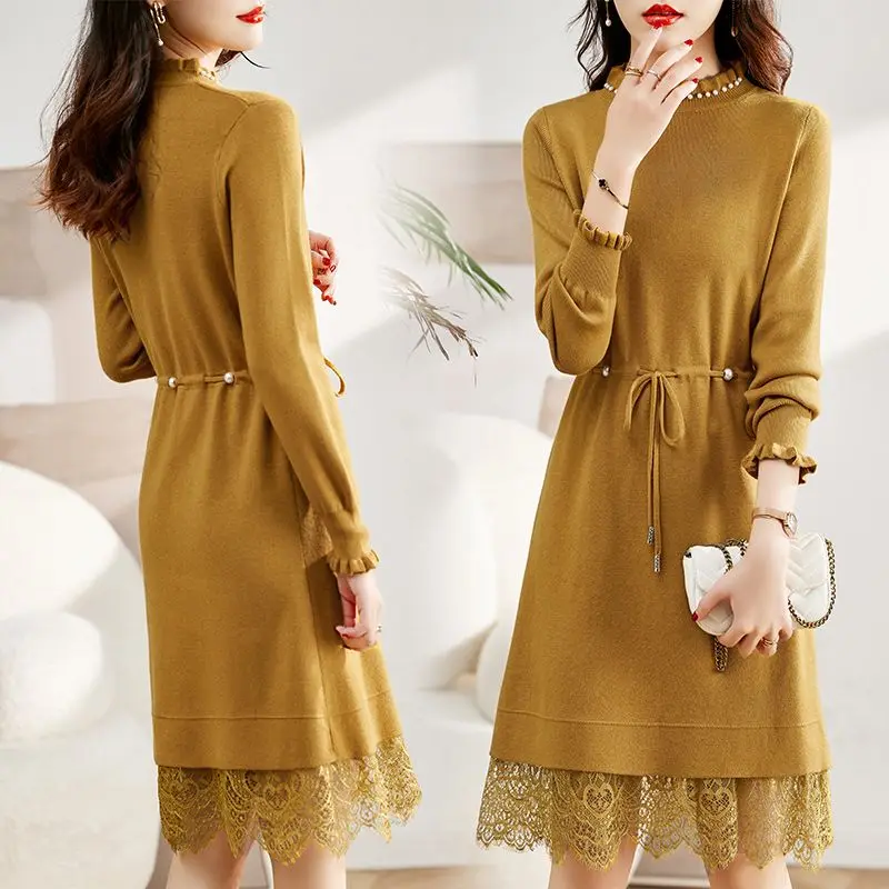 

2023 Autumn/Winter New Knitted Dress Women's Korean Edition Casual Fashion Lace Splice Elegant and Versatile Slimming Skirt