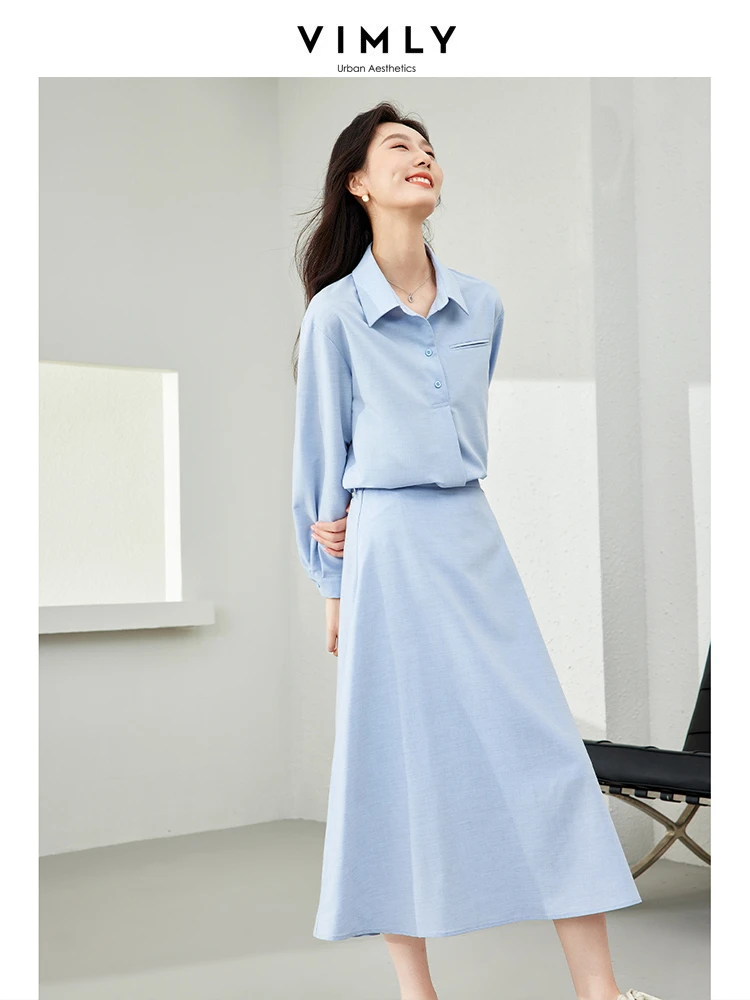 Vimly Blue Women's New in Matching Sets Lapel Button Up Shirt Elastic Waist Midi Skirt 2024 Spring 2 Piece Skirt Set Women M5963