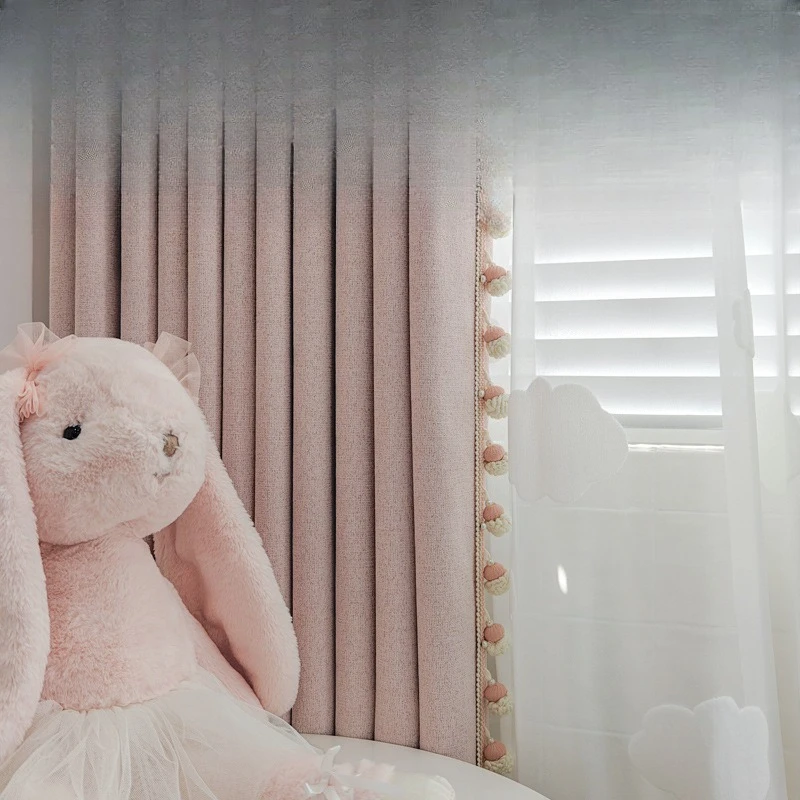 

Daughter room blackout curtains recommended children's room pink series curtains lace hairball decoration