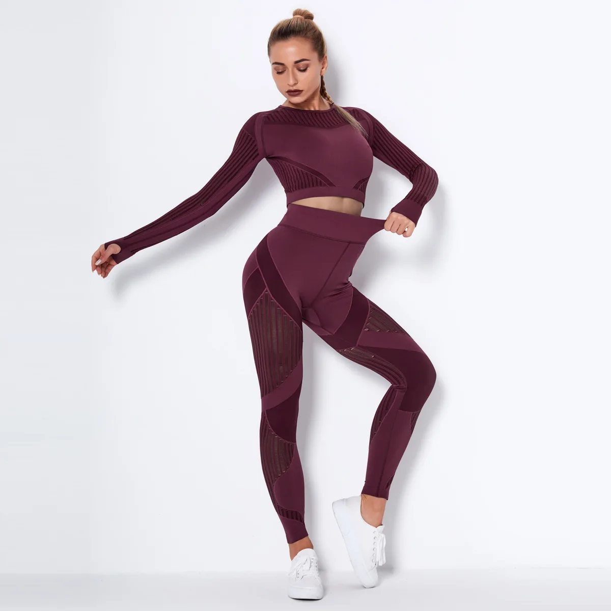 Solid Color Soft Seamles mesh hole Women Gym Yoga Set Fitness Long Sleeve wear High Waist Yoga Legging Comprehensive Training Jo