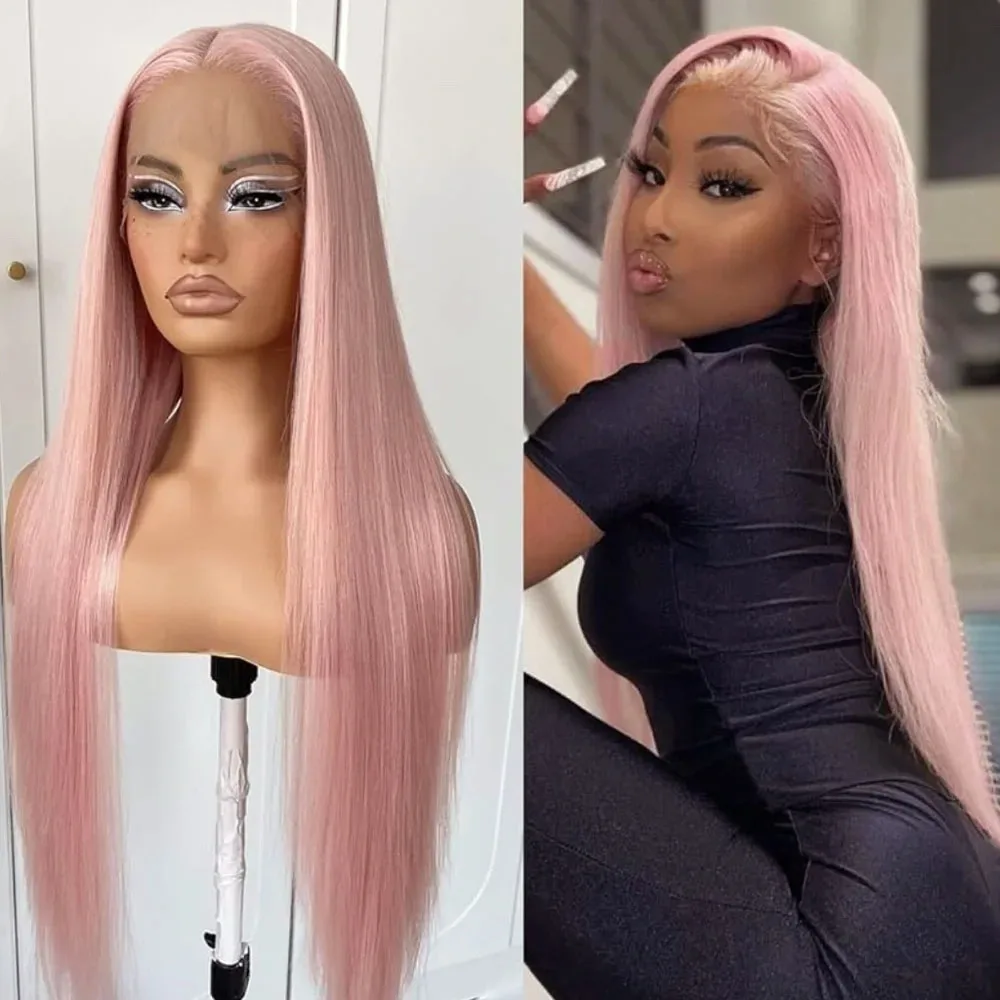 13x4 Peach Pink Lace Front Wig Long Straight Synthetic Hair Pre-Plucked Glueless Cap Wig for Women Daily Use Cosplay 24 Inch