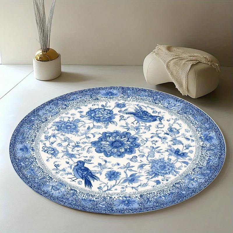Blue and White Porcelain Round Area Rug, Chinese Chinoiserie Non Slip Circle Carpet, Washable Living Room Bedroom Mat