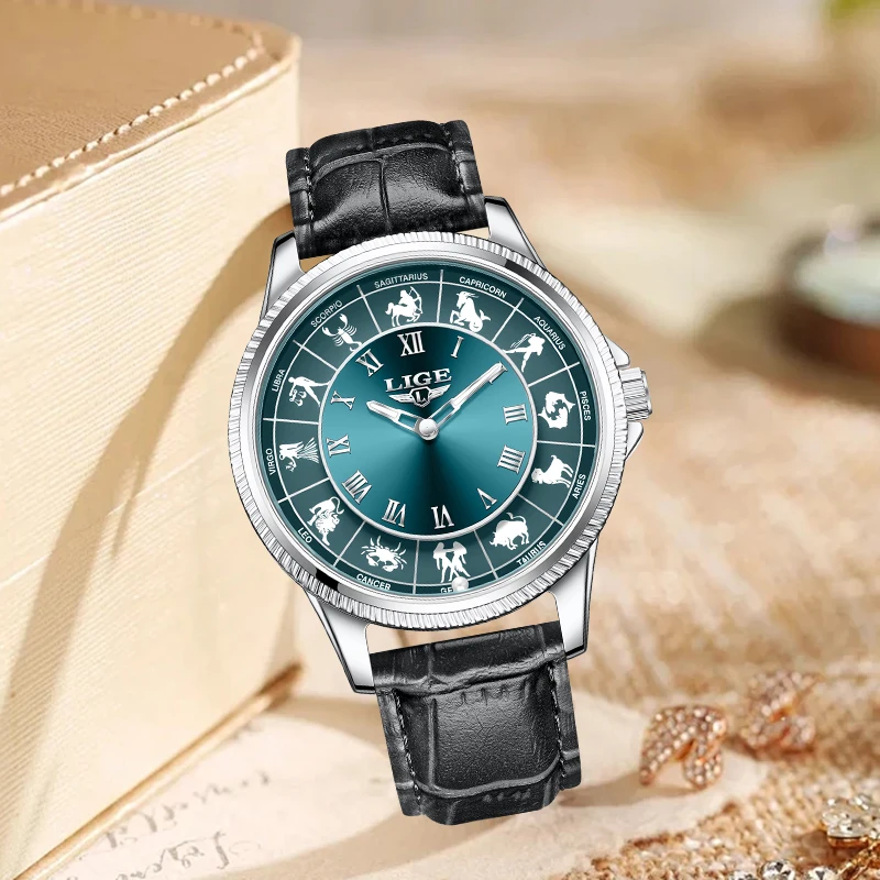 LIGE Elegant Quartz Woman Watch Fashion Retro Casual Leather Constellation Dial Waterproof Watches for Women Ladies Gift Box New