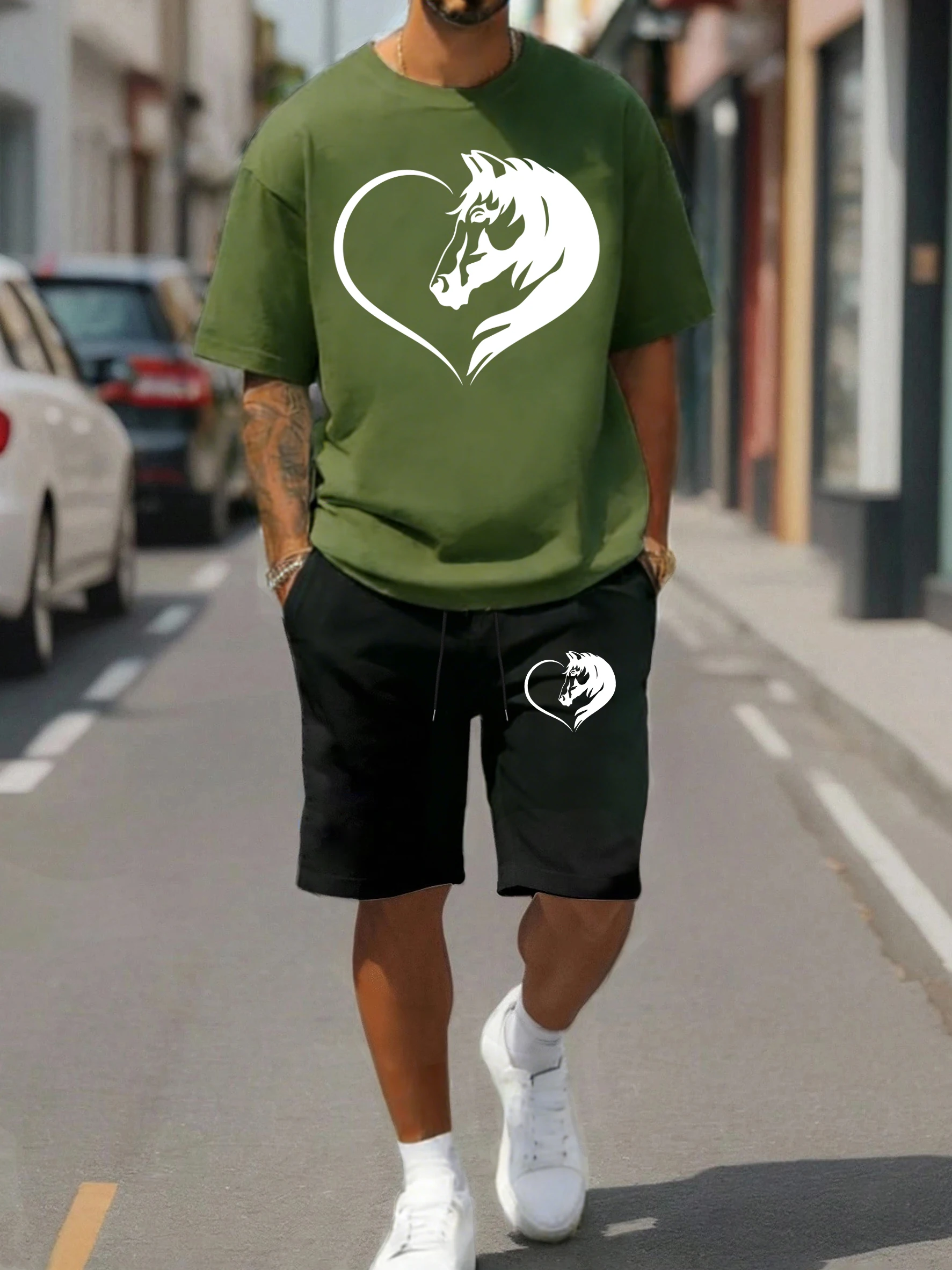 

Horses Make People Happy Design Mens T Shirts Suit Cotton Casual Tee Summer Drawstring Shorts Unisex Fashion Loose Short Sleeve