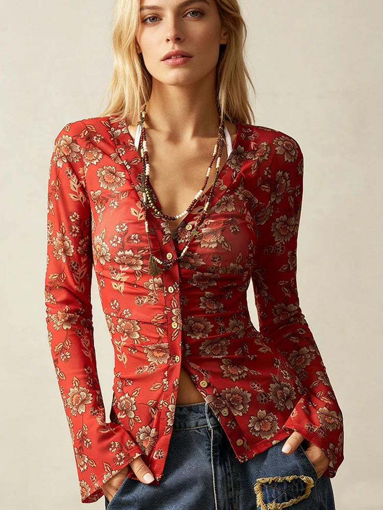 Nueva moda, blusa de gasa con estampado Floral para mujer, camisas de manga larga con una hilera de botones para mujer, Tops ajustados con cuello en V para mujer