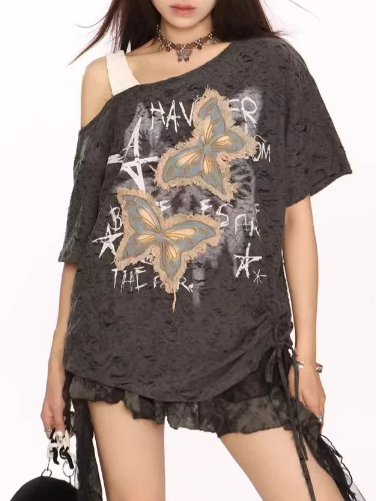 Camiseta gótica Grunge oscura con agujeros para mujer, camisetas sexys con hombros descubiertos Harajuku, Tops con estampado de letras Punk para mujer 2024