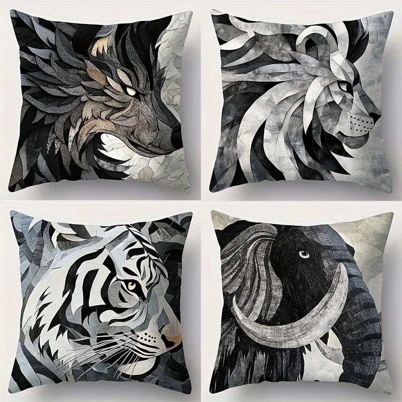 Set of Four Forest Animal Print Throw Pillow Covers - Wolf, Tiger, Lion, and Elephant Artwork for Rustic Decor