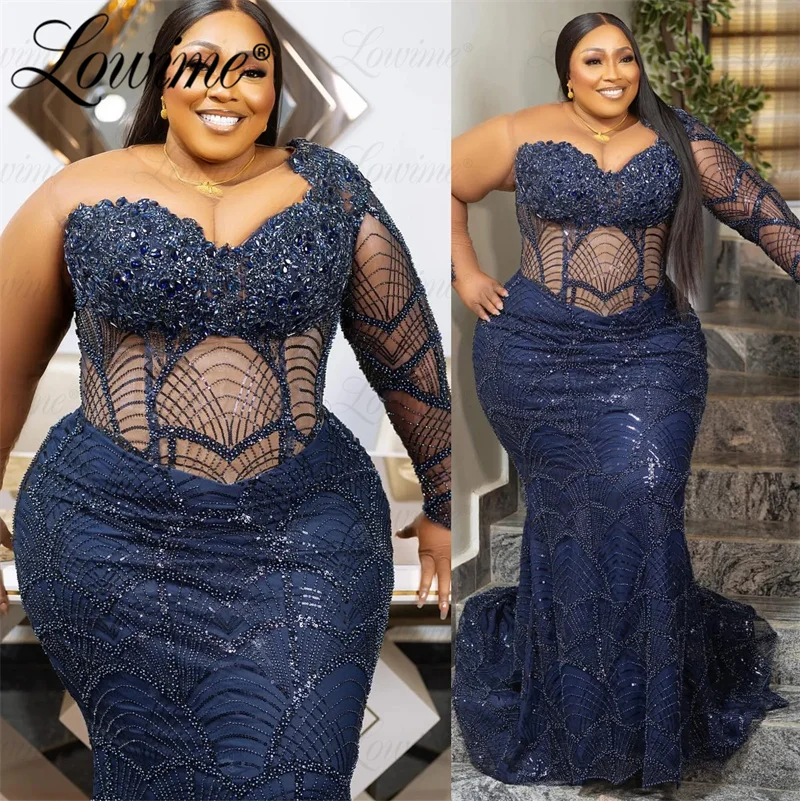 Lowime Marineblau plus Größe Meerjungfrau Ballkleid Perlen Kristalle Party Meerjungfrau afrikanischen arabischen langen Ärmeln schiere Abendkleider Robe