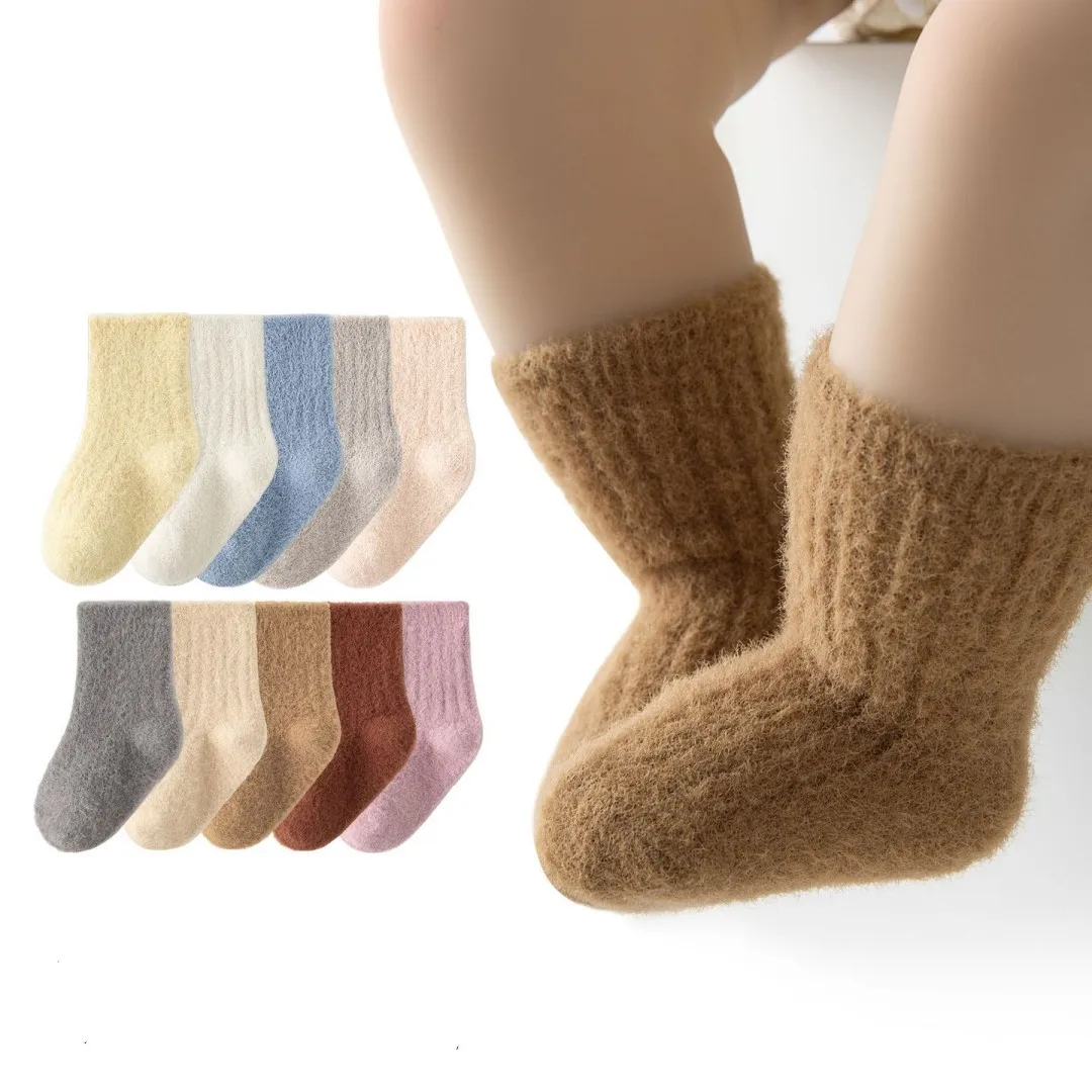 Warm Baby Socks Autumn Winter Thick Loose Solid Color Kids Mid-Tube Wool Cotton Thick Socks For Boys And Girls