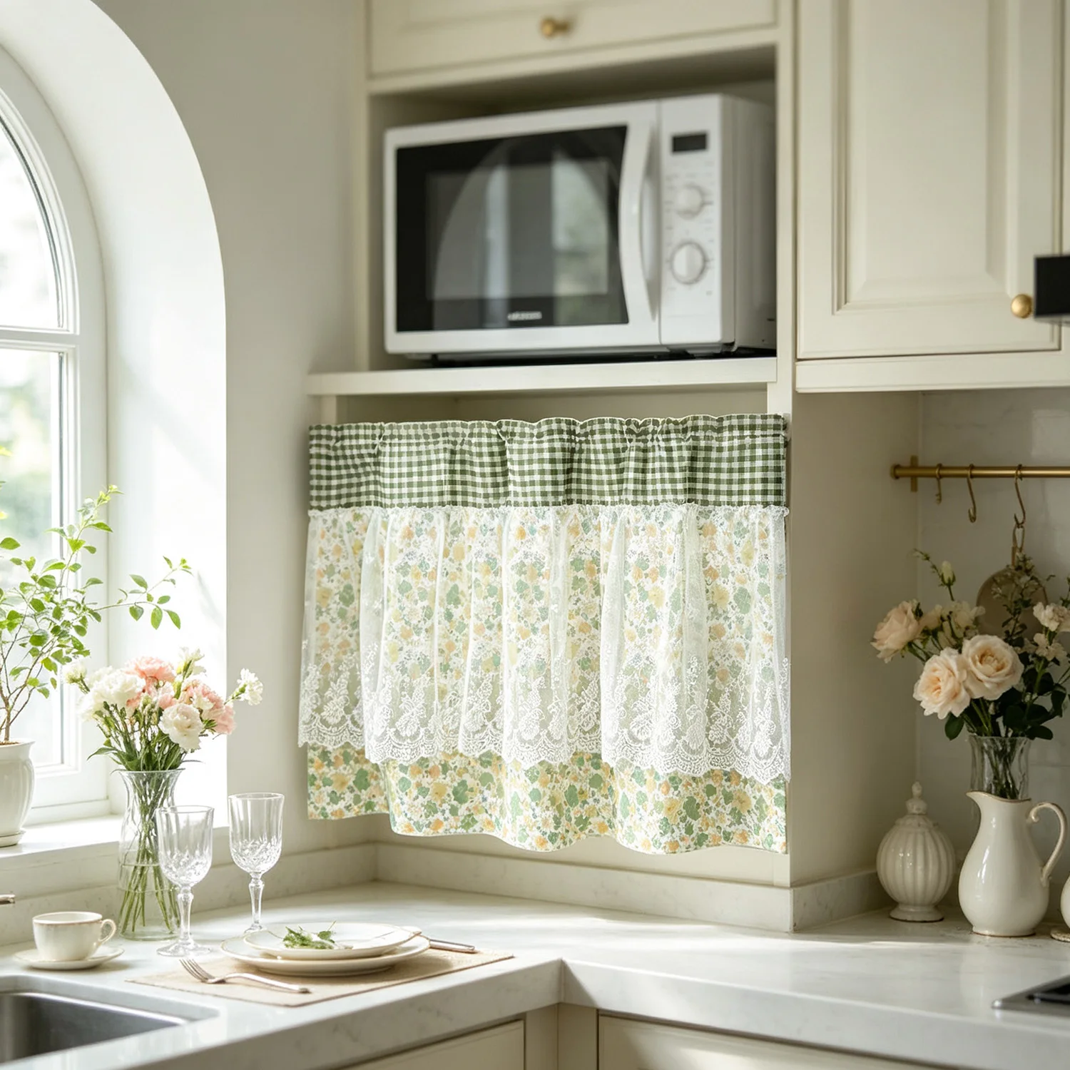 Vintage Lace Embroidered Floral Tiers Curtains, Rod Pocket Cafe Curtains for Window, Farmhouse Kitchen Home Decor