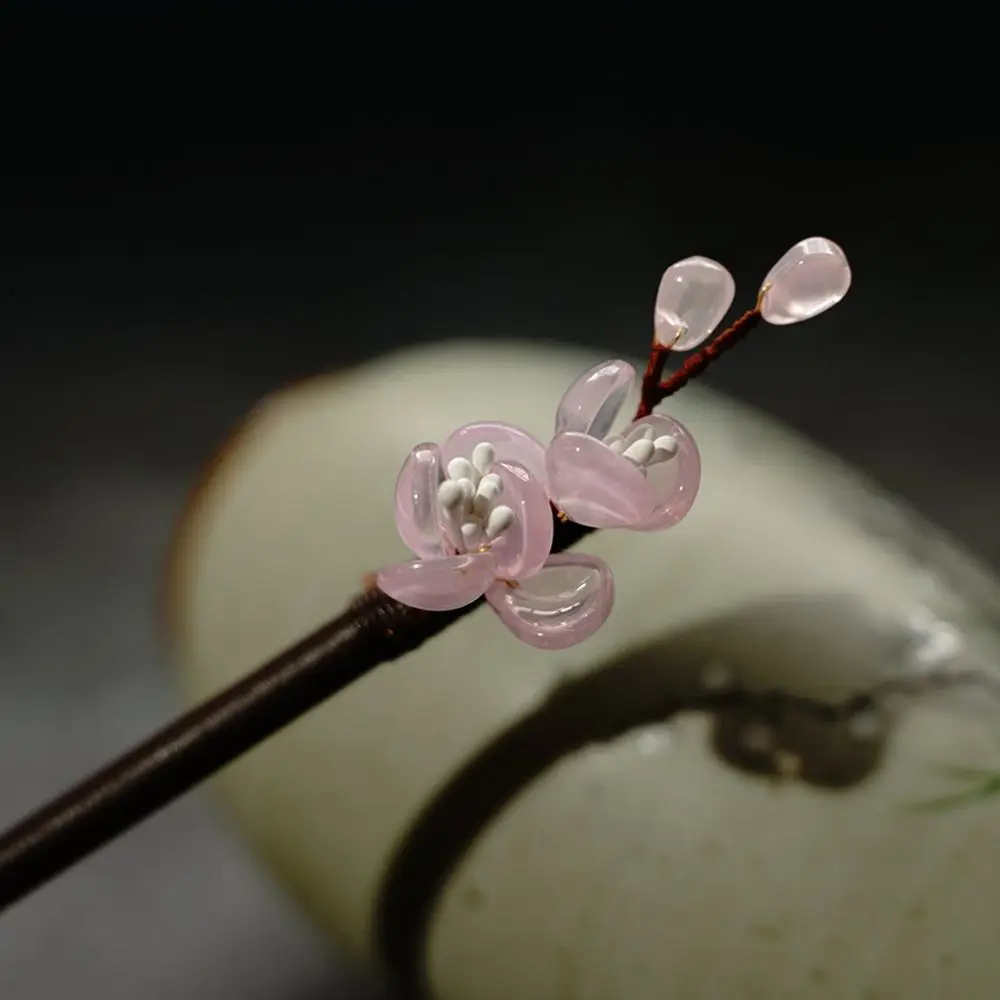 Chinese Decorative Flower Handmade Glass Hairpin Hair Sticks Wooden Hair Fork