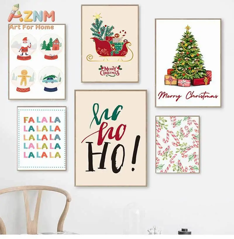 Christmas Tree Gift Santa Nursery Festival Posters Prints Holiday Canvas Painting Wall Art Pictures Kids Room Home Decor