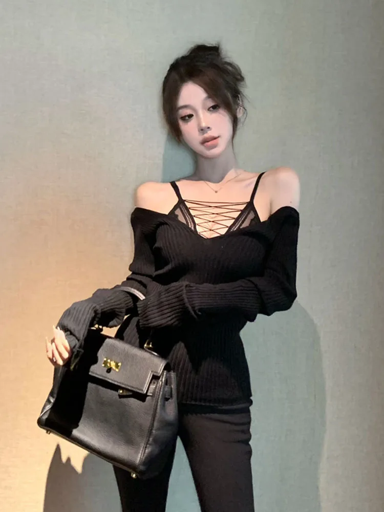 Sexy Sweet Hollow Out Sweater Gyaru Slash Neck Clubwear Slim Knitted Pullover Fake Two Pieces Coquette Jumper Y2k Autumn Winter