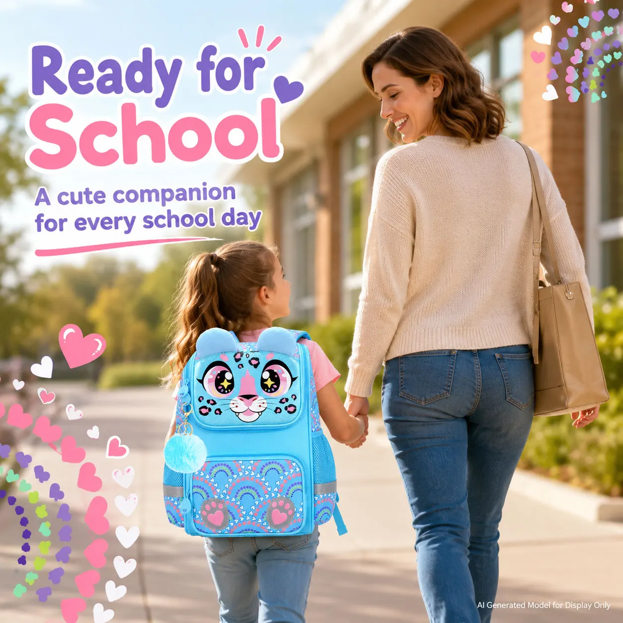 Kid's backpack 3PCS 15 Inch Hard Shell Set, Big Eyes Leopard Blue Print, One Backpack + One Handbag + One Pencil Case
