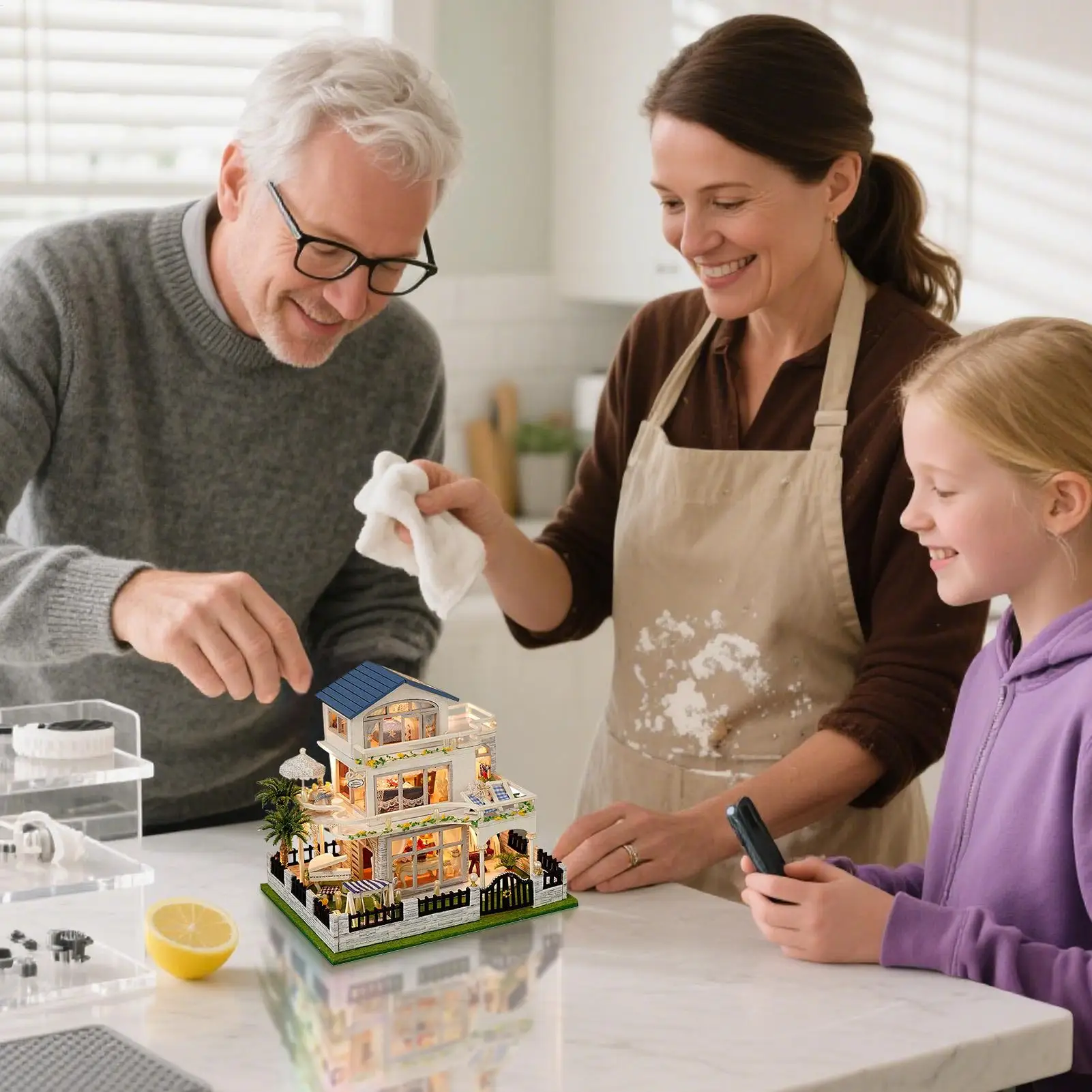 طقم منزل مصغر ثلاثي الأبعاد حرف خشبية صغيرة فيلا نموذج صنع عدة مع LED صانع الحرف اليدوية مجموعات للبنين الشباب النساء الابن