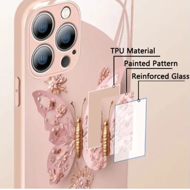 Custodia in vetro con motivo a farfalla piatta custodia per telefono in vetro fata farfalla per IPhone 14 13 12 11 15 Pro Max X XS XR 7 8 Plus Cover