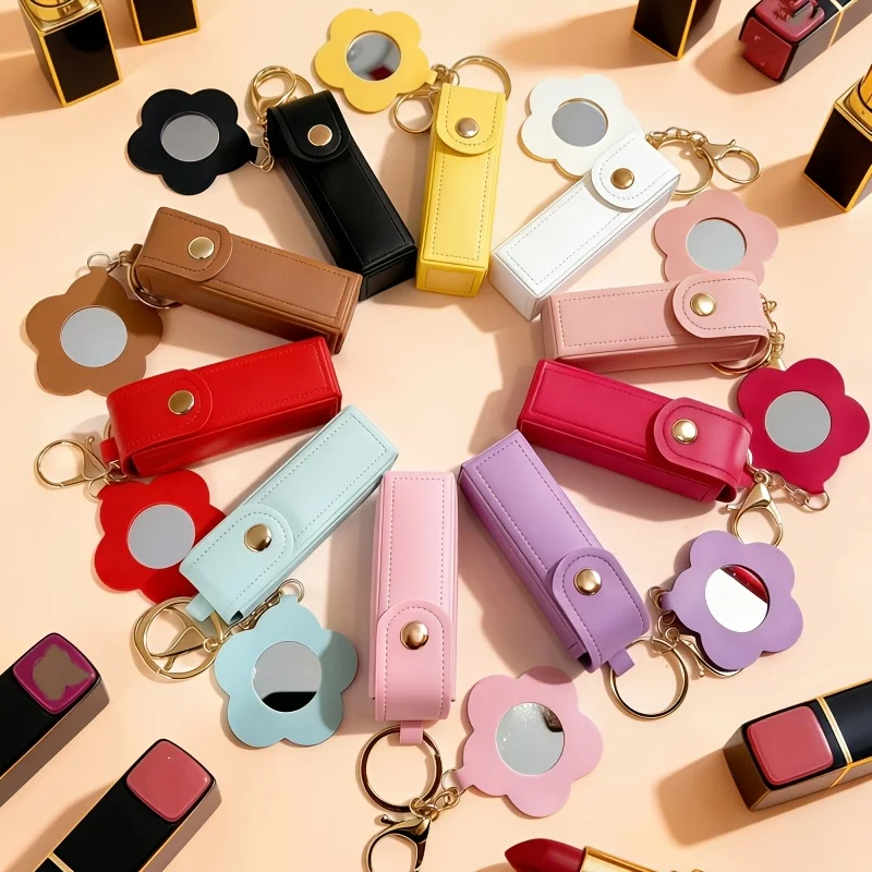 High-quality gift for women: the latest portable lipstick tissue | Cute flower-shaped mirror design | Synthetic leather | Mini makeup bag + keychain + mobile touch screen | Suitable for adult women | New gift | Portabl