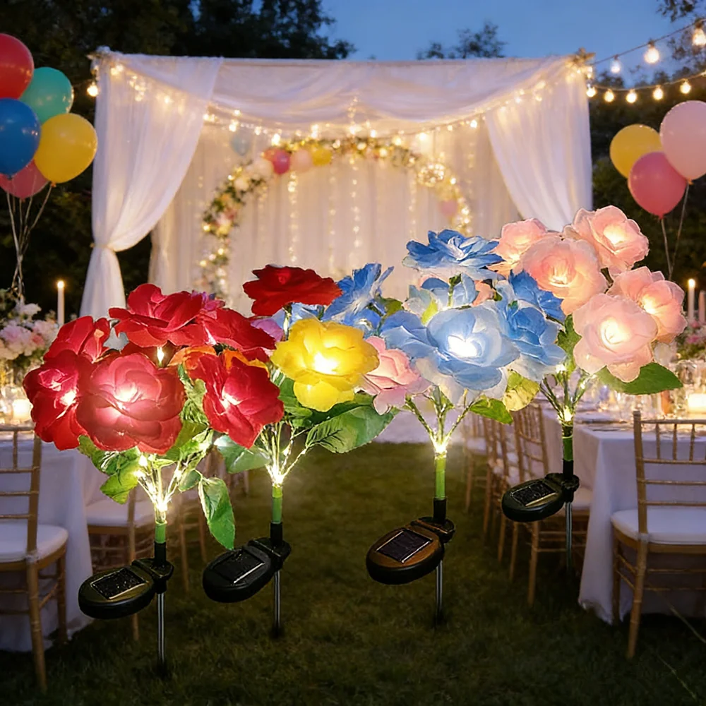 5 Heads Rose Flower Lawn Lamp Solar Light Outdoor LED Solar Garden Light for Christmas Wedding Party Holiday Yard Patio Decor