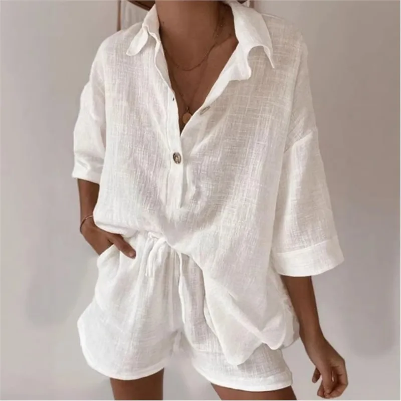 

Solid Lapel Single Breasted Cardigan Top+shorts Two-piece Set Women's Summer Casual Half Sleeved Top Suit Ladies Vacation Outfit