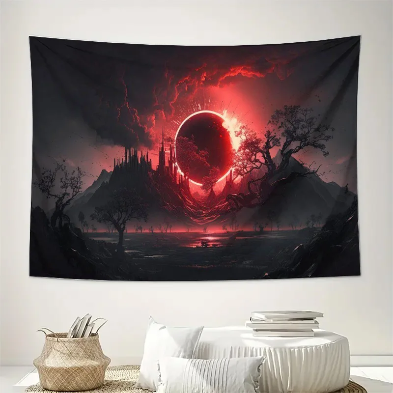 Dark Fantasy Wall Art: Gothic Red Moon Castle Tree Print Tapestry Decor for Living Room Bedroom Boho Home Decoration XXL Size 15