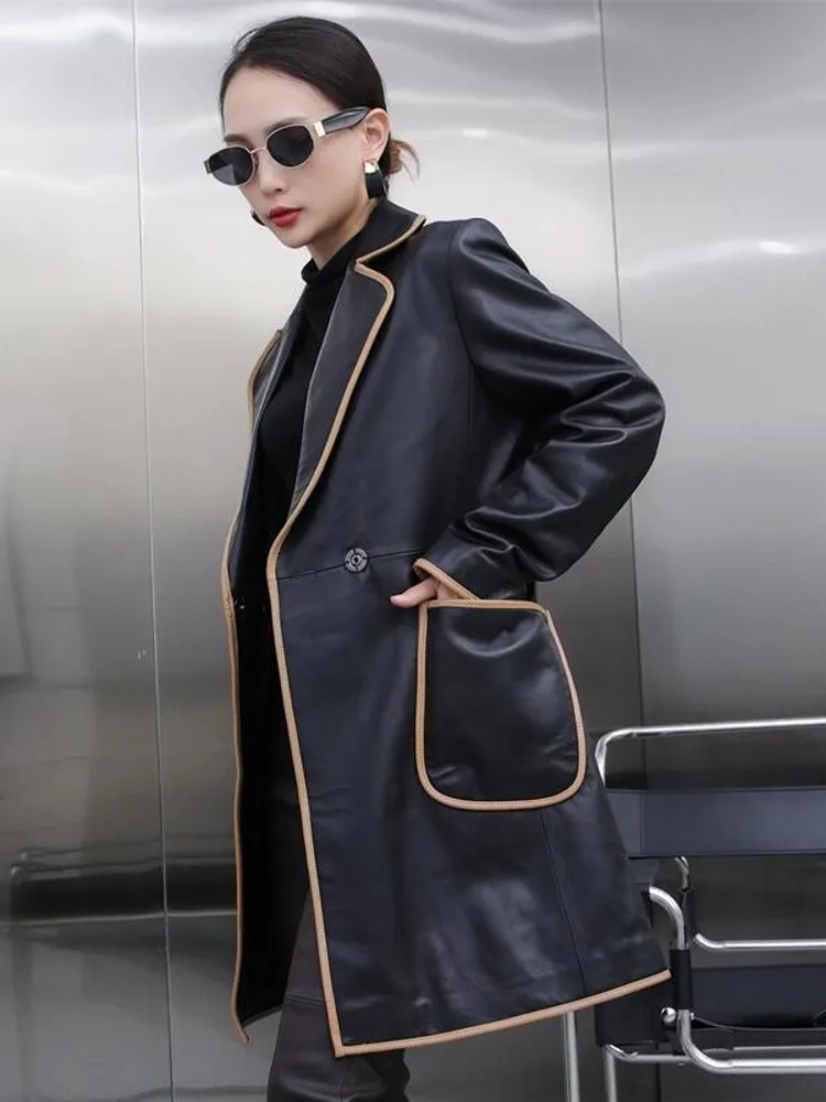 Autumn Women Long Sheepskin Genuine Leather Jacket Loose Fit Windbreaker Female Soft Real Leather Trench Coat Punk Style Outwear