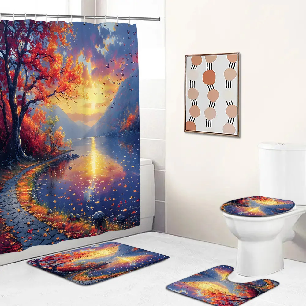 Garden Nature Landscape Shower Curtain Set Flower Butterfly Stream Oil Painting Scenery Bathroom Decor Bathtub Mat Toilet Lid Co