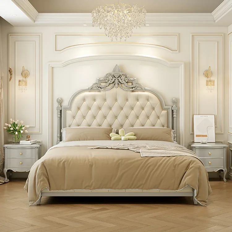 French Light Luxury Solid Wood Cherry Wood Double Bed Cream Style Princess Bed Genuine Leather Palace Carved King Bed