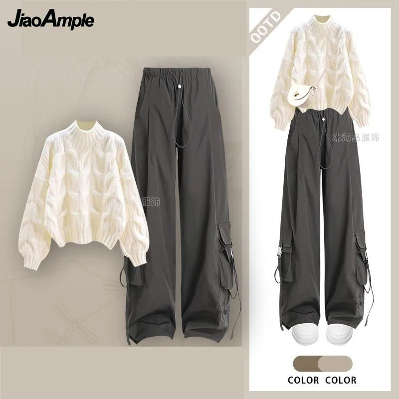 Women Autumn Winter New Half High Neck Knit Sweater+loose Work Pants 2-piece Suit Korean Elegant Pullover Trousers Matching Set