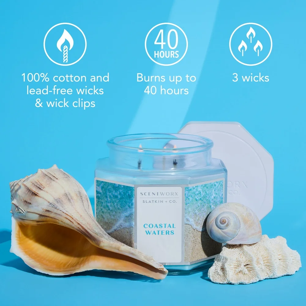 شمعة معطرة للمياه الساحلية 14.5 أونصة من مزيج البارافين شمع 3 حاوية فتيل شمعة تدوم طويلاً 40 ساعة وقت حرق للاسترخاء في المنزل
