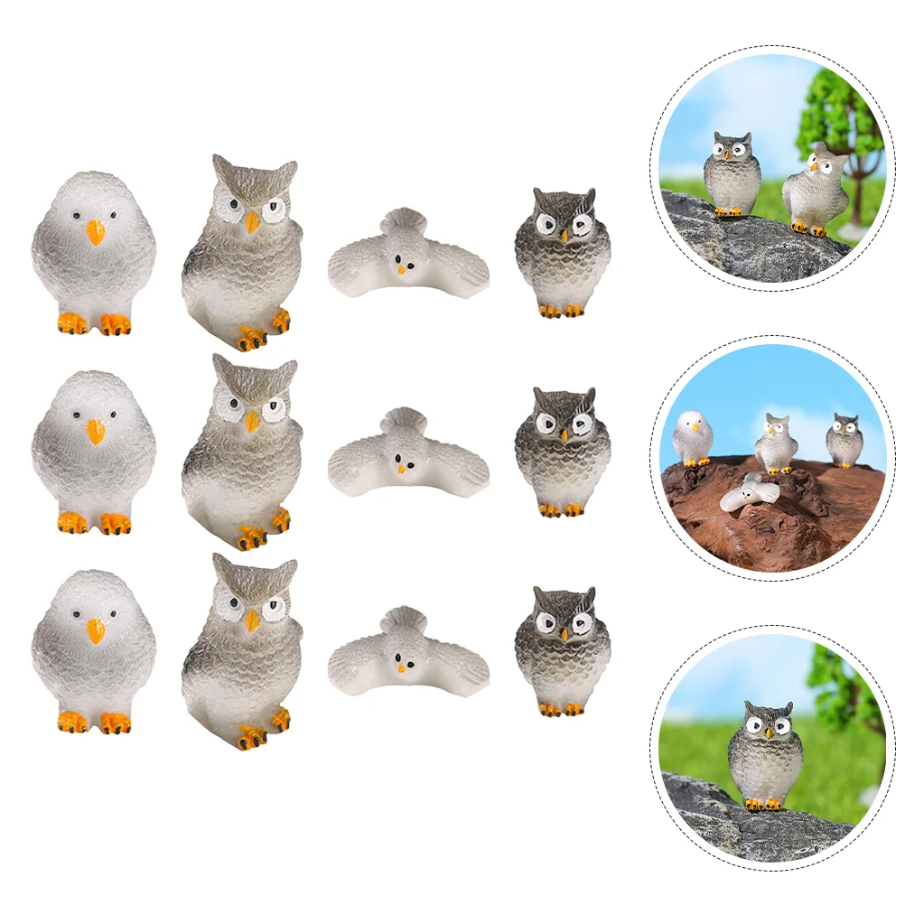 12 Pcs Moss Micro Landscape Owl Figurine Miniature Figurines Animal Decor Accessories Resin Small Statue Lovely Decoration