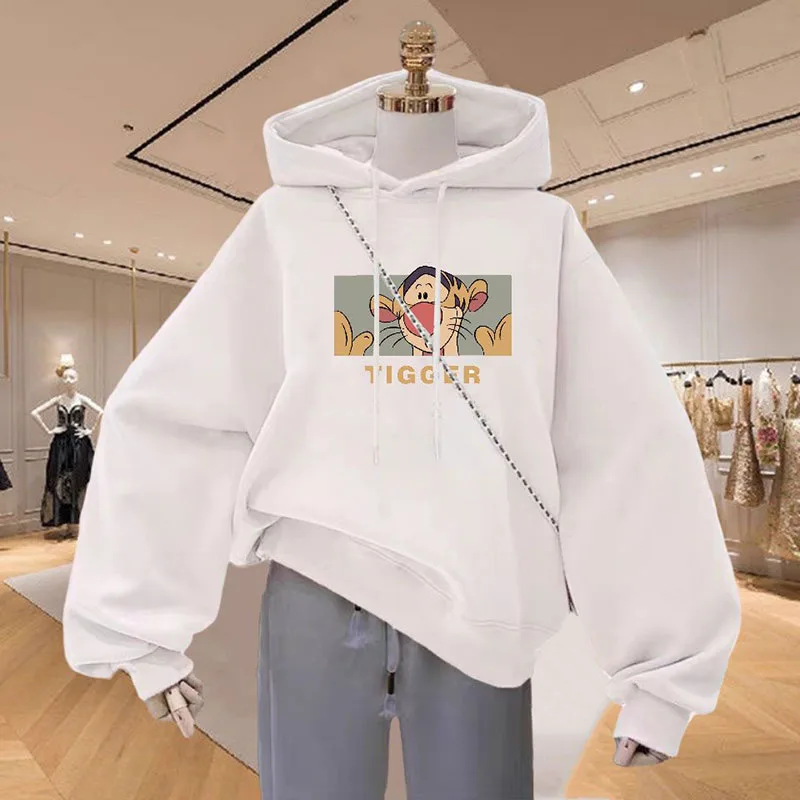 Fashion Printed Cartoon Lace Up Hooded T-Shirt Female Clothing 2023 Autumn Winter Loose Casual Tops Fake Two Pieces Tee Shirt