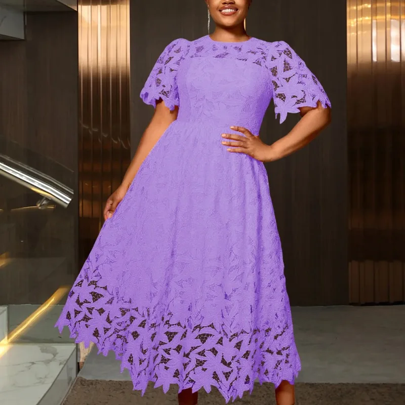 

L-4XL африканские платья больших размеров для женщин, элегантное африканское кружевное вечернее платье из полиэстера с короткими рукавами, Дашики, африканская одежда