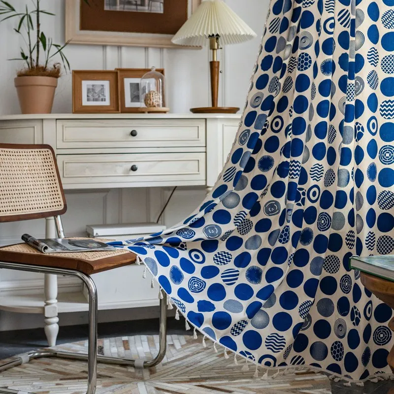 Boho Blue Dots Cotton Linen Window Curtain with Tassels Blackout Valance for The Luxury Living Room Curtains for Living Room