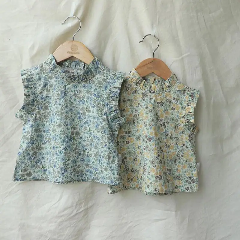 2026 Summer New Baby Girl Sleeveless T Shirts Cute Girls Sweet Floral Tops Cotton Infant Lace Collar Vest Toddler Clothes