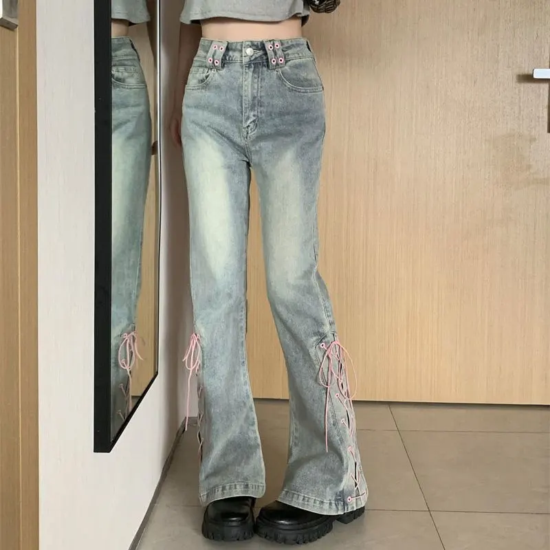 Y2k Pink Fashionable Lace-up Flared Jeans Autumn New High Waist Bootcut Denim Pants Female Clothing Korean Slim Vintage Trousers