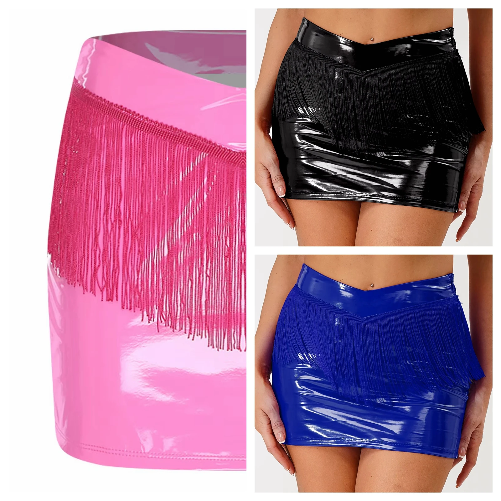Fringed Skirt Women Patent Leather Clubwear Zipper Miniskirt for Nightclub Dance Rave Party Music Festival Disco Costume Skirts