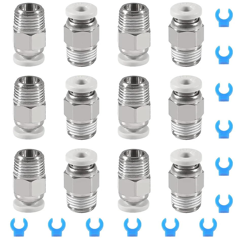 12Pcs PC4-M10 Male Straight Pneumatic PTFE Tube Push in Quick Fitting Connector + 12Pcs Pneumatic Connector Clip for Extruder