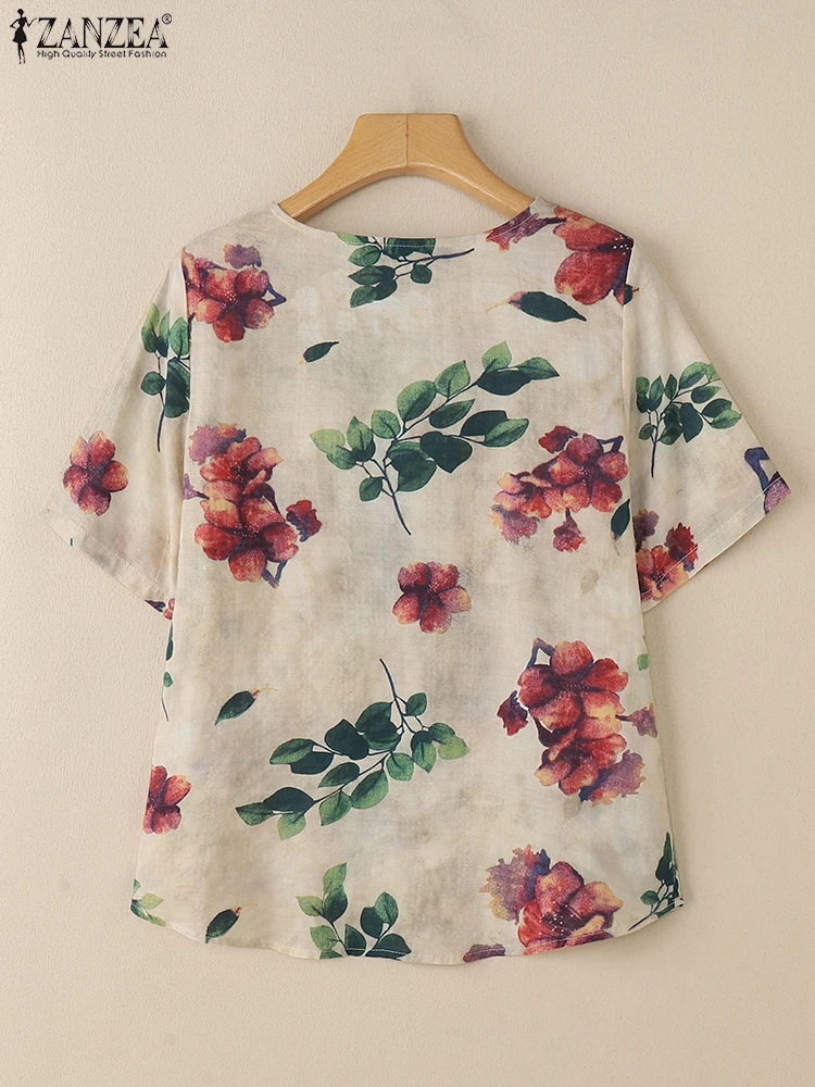 ZANZEA Vintage Floral พิมพ์ผู้หญิงเสื้อลําลอง O คอครึ่งแขนทุกวัน Blusas Mujer 2025 ฤดูร้อนผ้าฝ้ายลินินเสื้อยืด